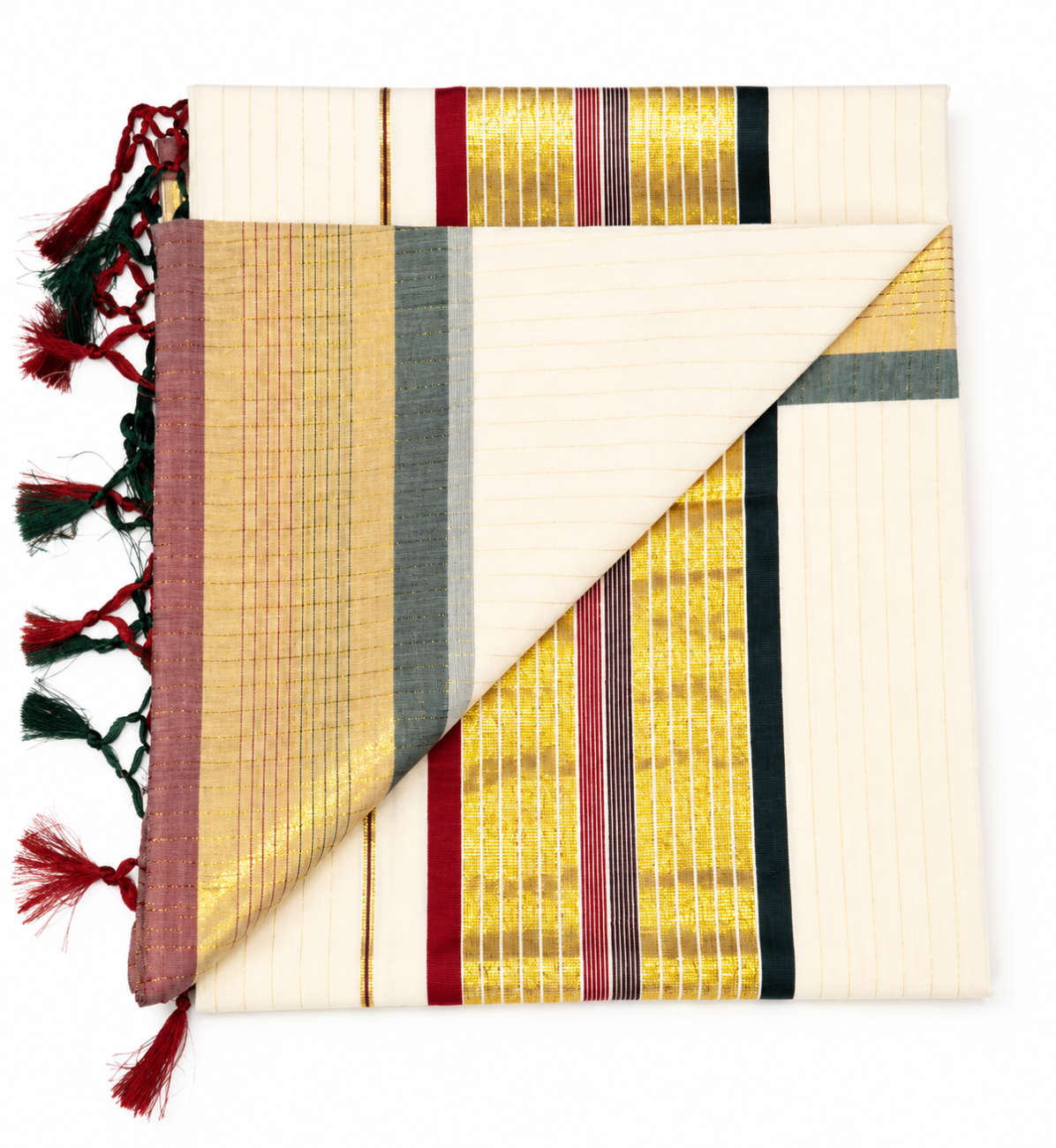 KERALA KASAVU SAREE WITH MAROON AND DARK GREEN CONTRAST COLOR
