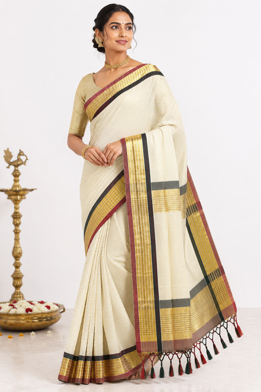 KERALA KASAVU SAREE WITH MAROON AND DARK GREEN CONTRAST COLOR
