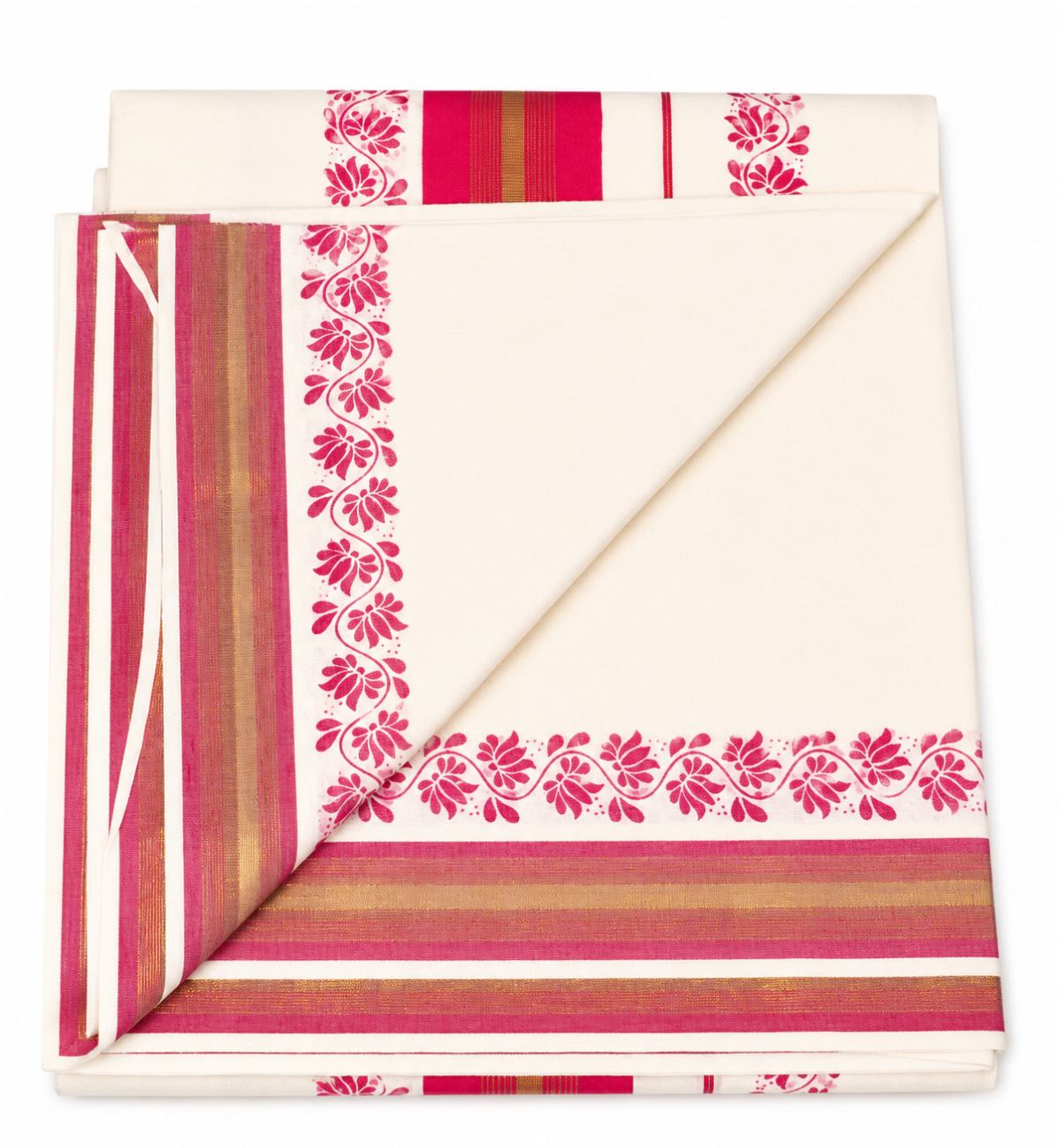 Kerala kasavu cotton saree with magenta color printed designs