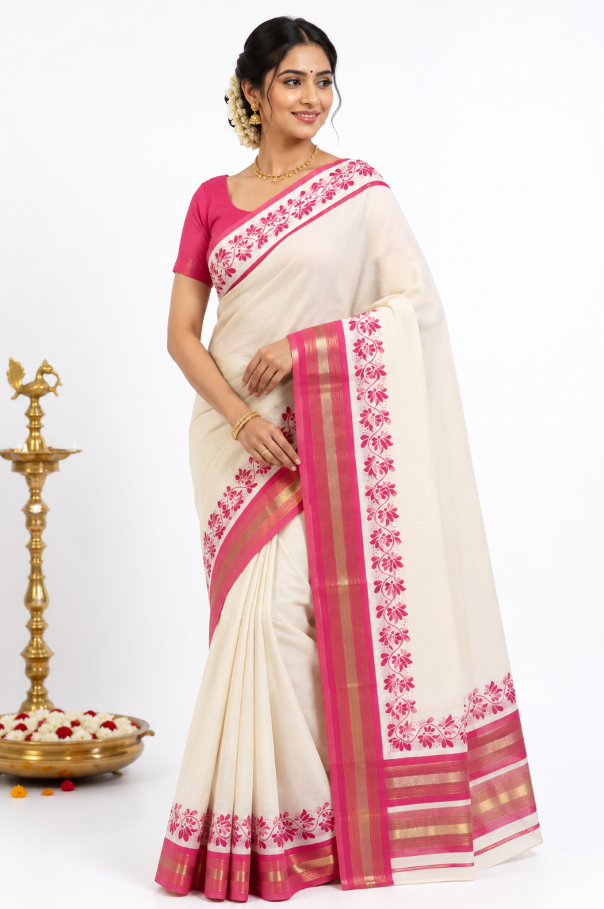 Kerala kasavu cotton saree with magenta color printed designs