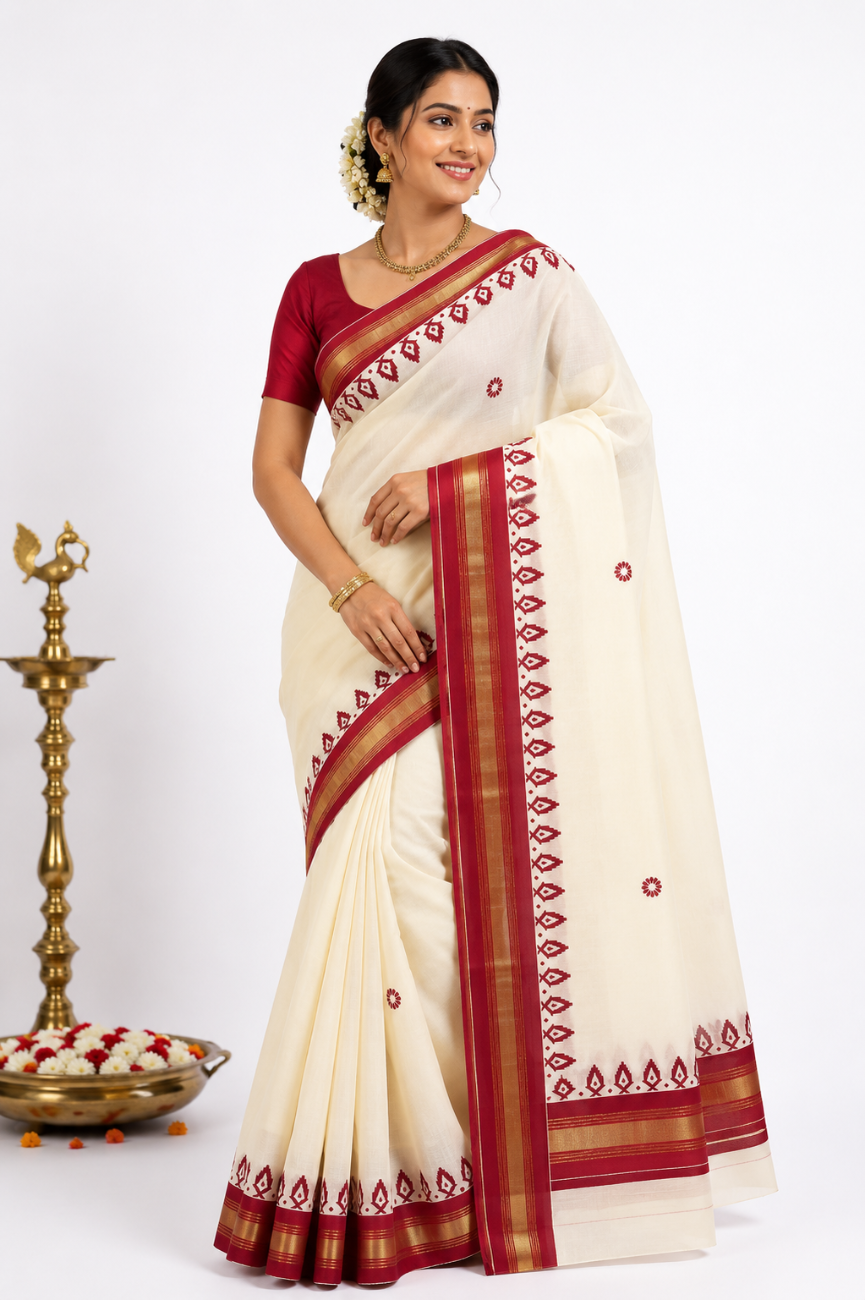 kerala Kasavu saree with maroon color printed designs