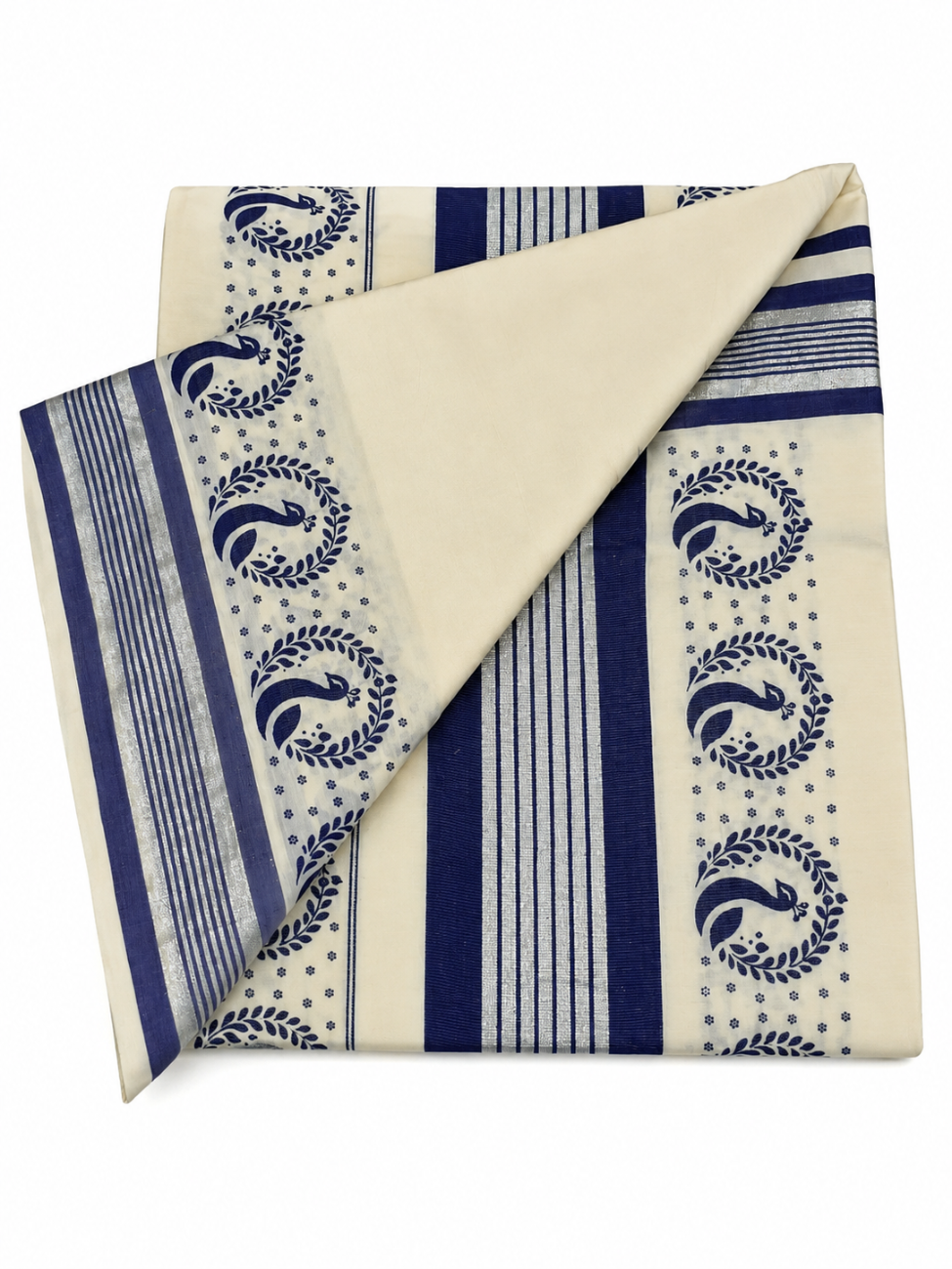 KERALA KASAVU COTTON SAREE WITH NAVY  BLUE COLOR PEACOCK MOTIFS PRINTED DESIGN