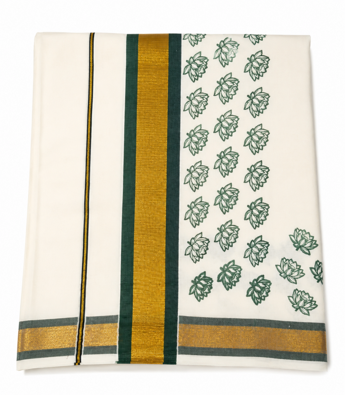 KERALA KASAVU COTTON SAREE WITH GREEN COLOR LOTUS PRINT DESIGN
