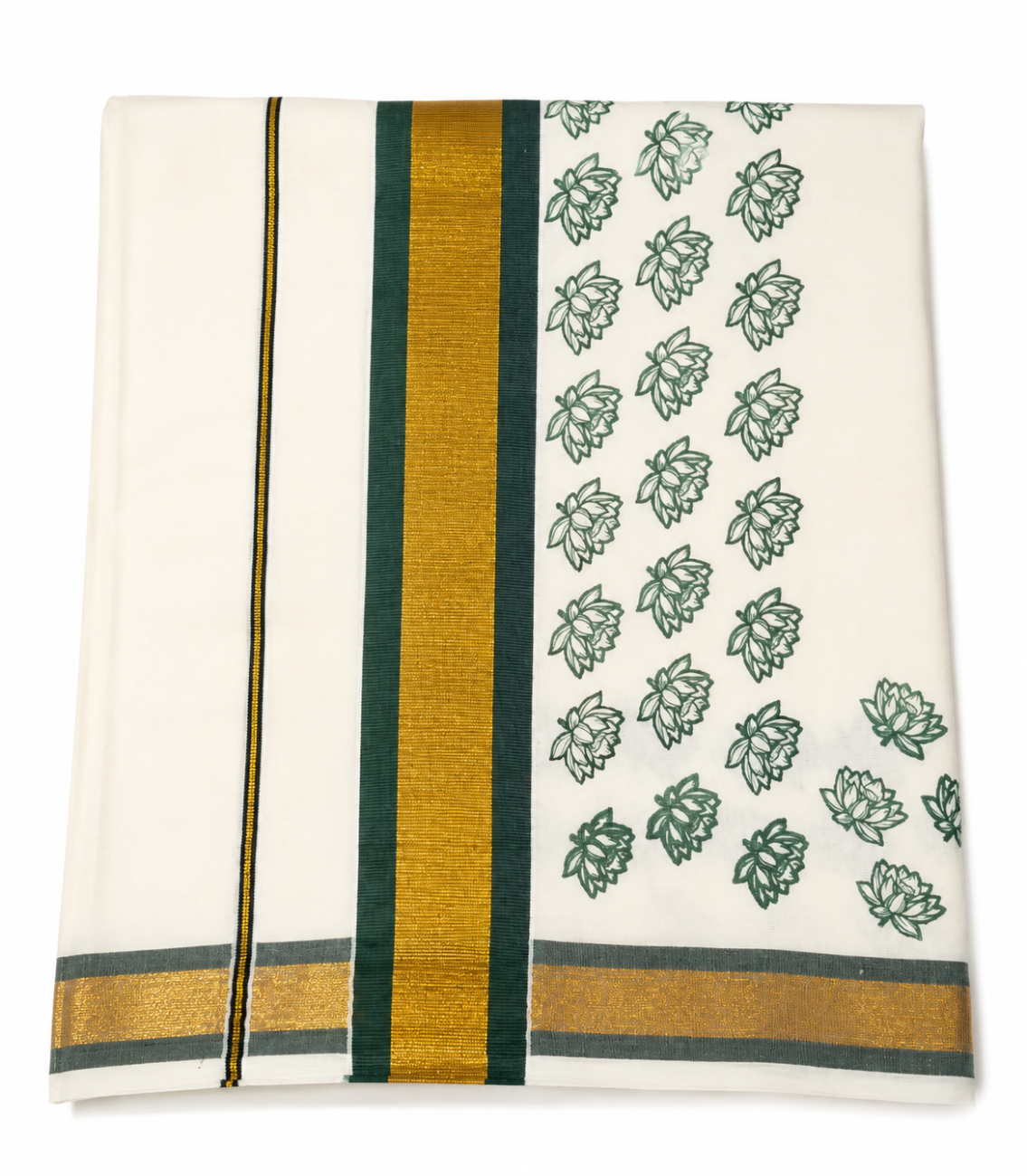 KERALA KASAVU COTTON SAREE WITH GREEN COLOR LOTUS PRINT DESIGN