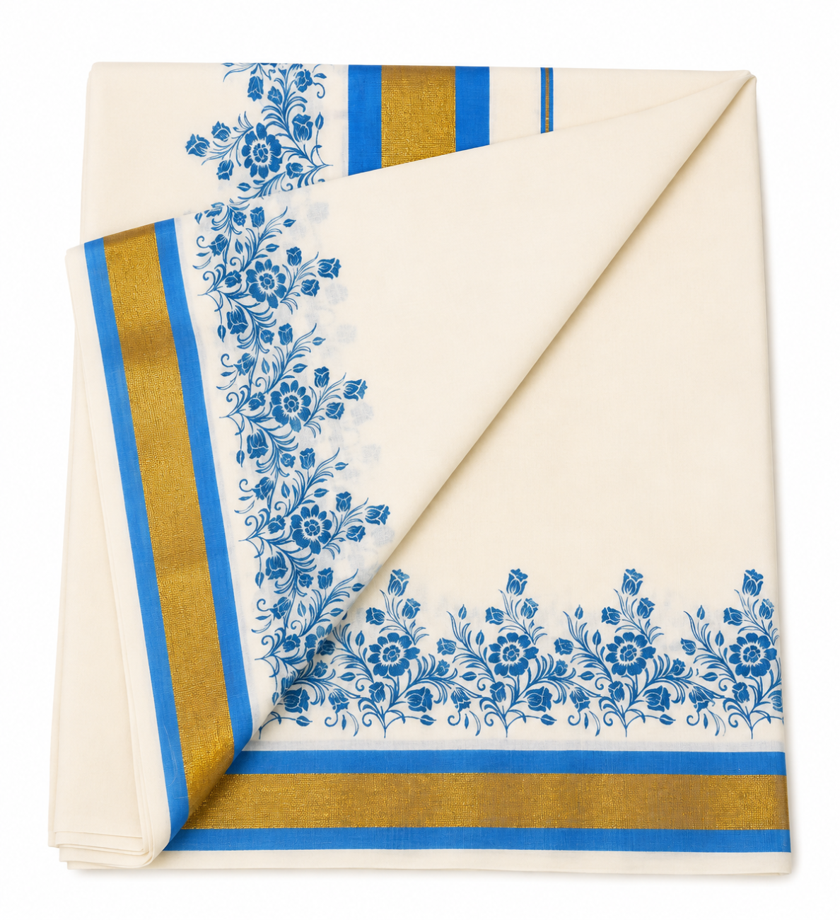 KERALA KASAVU SAREE WITH SKY BLUE COLOR FLORAL DESIGN