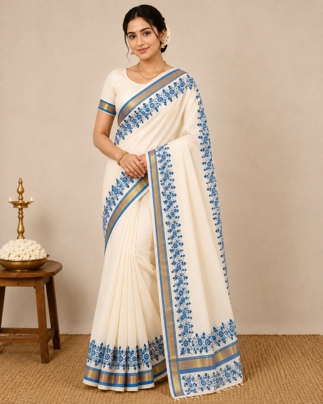 KERALA KASAVU SAREE WITH SKY BLUE COLOR FLORAL DESIGN