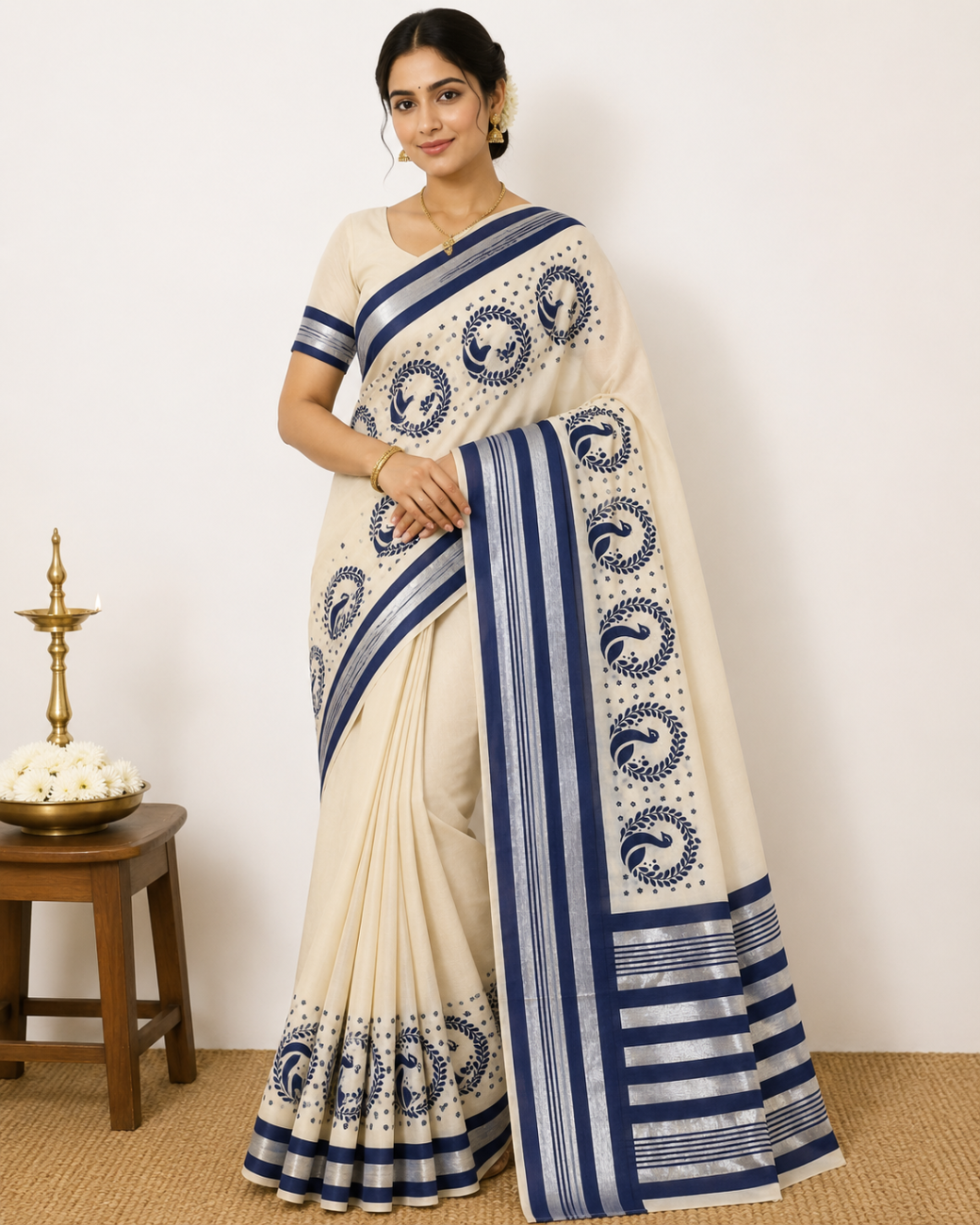KERALA KASAVU COTTON SAREE WITH NAVY  BLUE COLOR PEACOCK MOTIFS PRINTED DESIGN