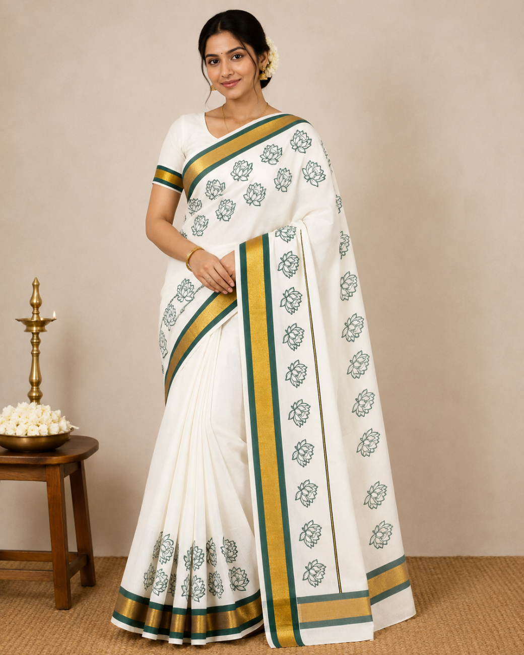 KERALA KASAVU COTTON SAREE WITH GREEN COLOR LOTUS PRINT DESIGN
