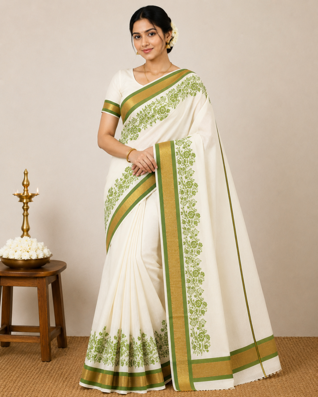 KERALA KASAVU COTTON SAREE WITH LIGHT GREEN FLORAL PRINT DESIGN