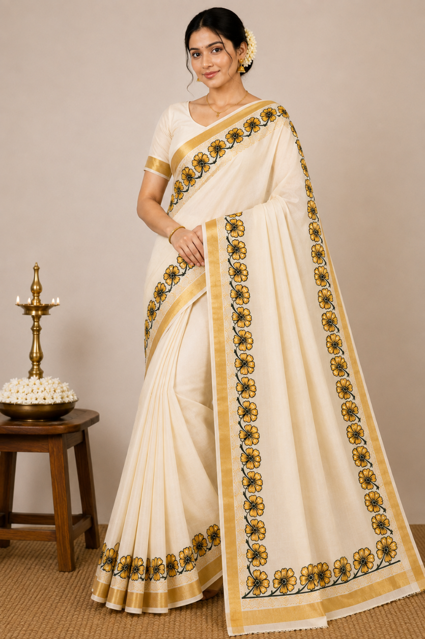 KERALA KASAVU TISSUE SAREE WITH GREEN COLOR EMBROIDERY DESIGNS