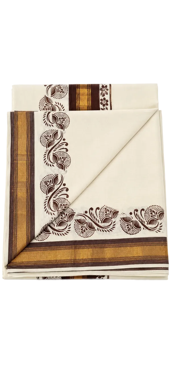 Kerala kasavu saree with brown color floral print designs