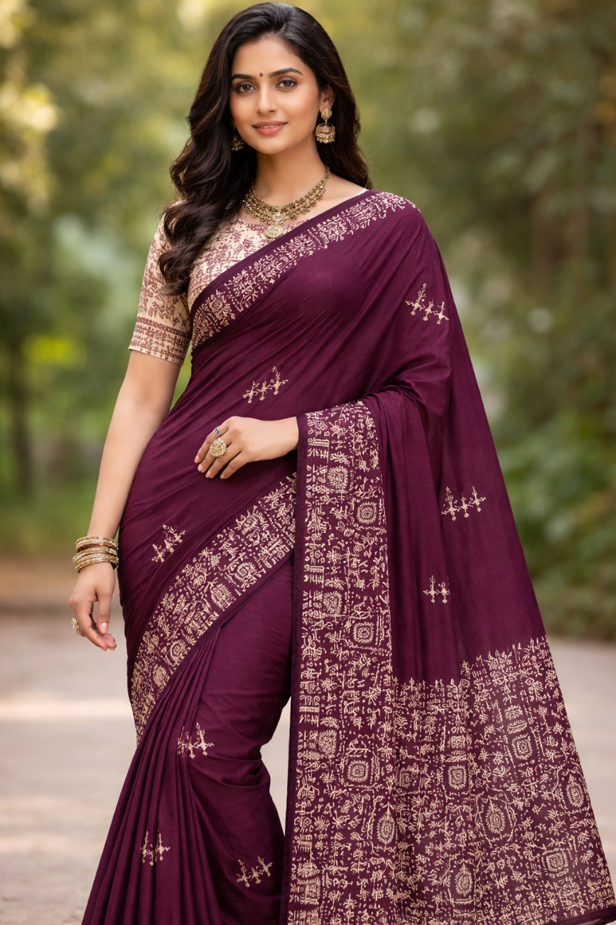 DEEP MAROON COLOR WITH ETHNIC BORDER SOUTH COTTON SAREE