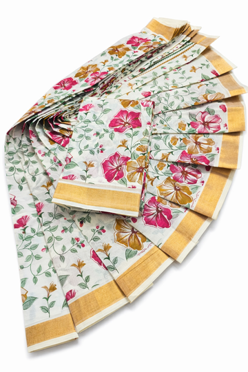 FLORAL PRINT KERALA COTTON SAREE WITH GOLDEN BORDER