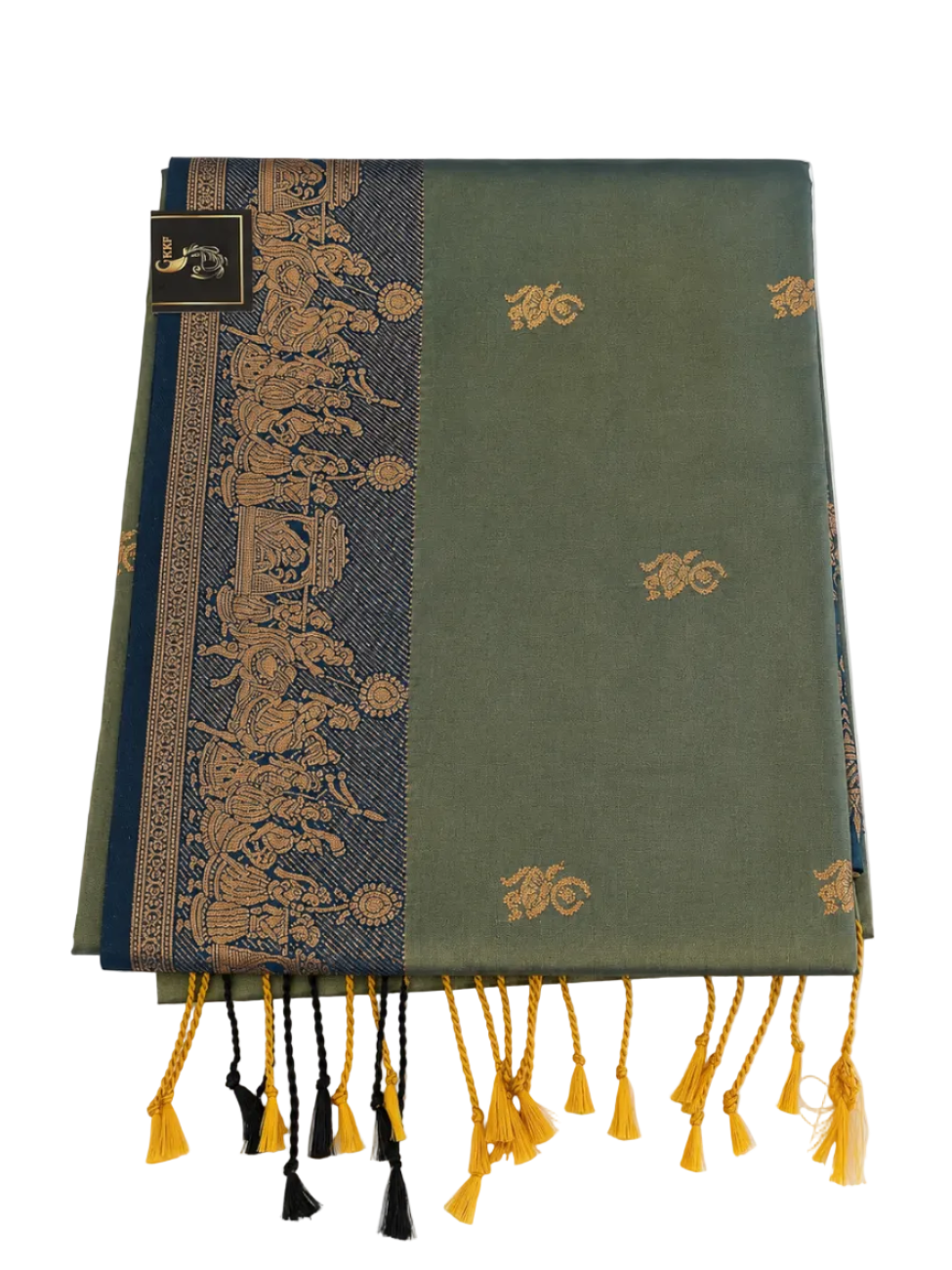 OLIVE GREEN WITH NAVY BLUE KANCHIPURAM SEMI SILK SAREE