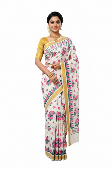 WHITE AND PINK KERALA KASAVU COTTON SAREE