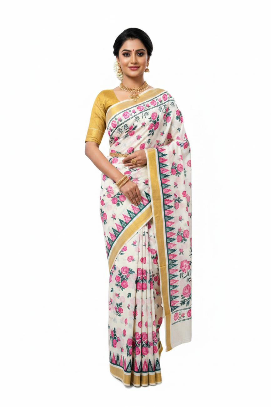 WHITE AND PINK KERALA KASAVU COTTON SAREE