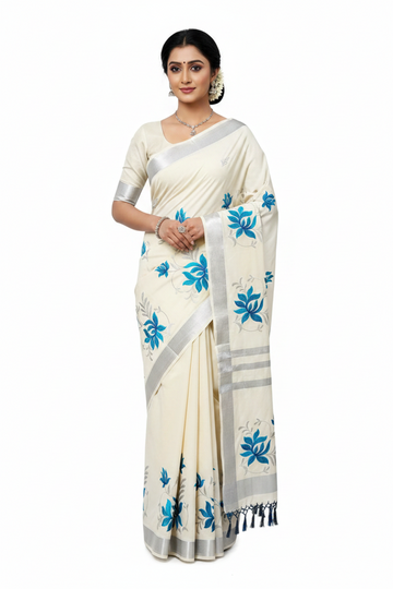 WHITE ABD SKY BLUE FLORAL KERALA KASAVU EMBROIDERY COTTON SAREE