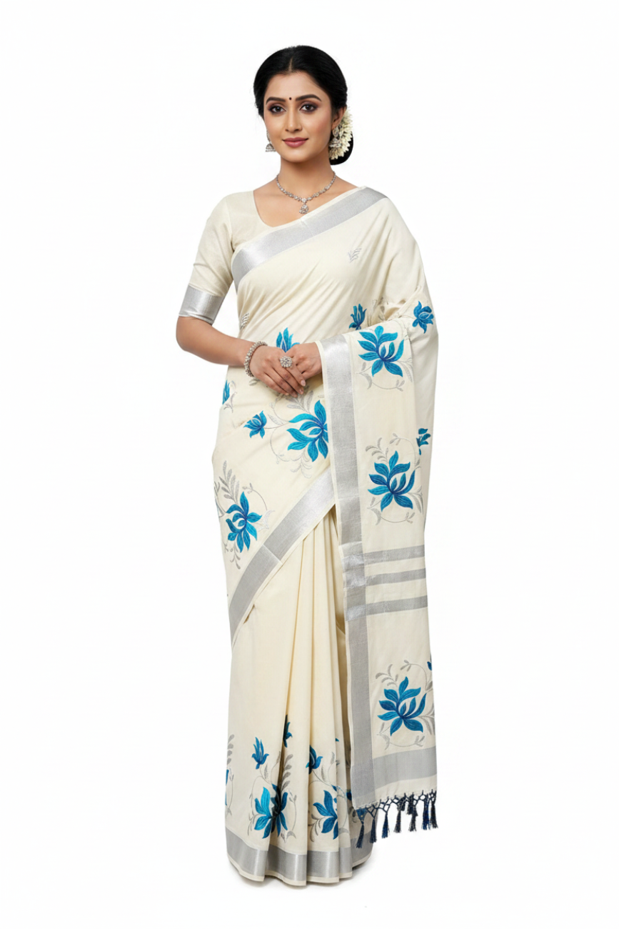WHITE ABD SKY BLUE FLORAL KERALA KASAVU EMBROIDERY COTTON SAREE