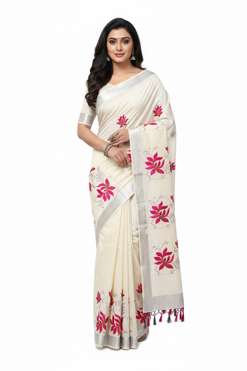 WHITE AND PINK FLORAL KERALA KASAVU EMBROIDERY COTTON SAREE