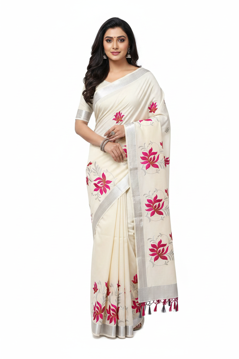 WHITE AND PINK FLORAL KERALA KASAVU EMBROIDERY COTTON SAREE