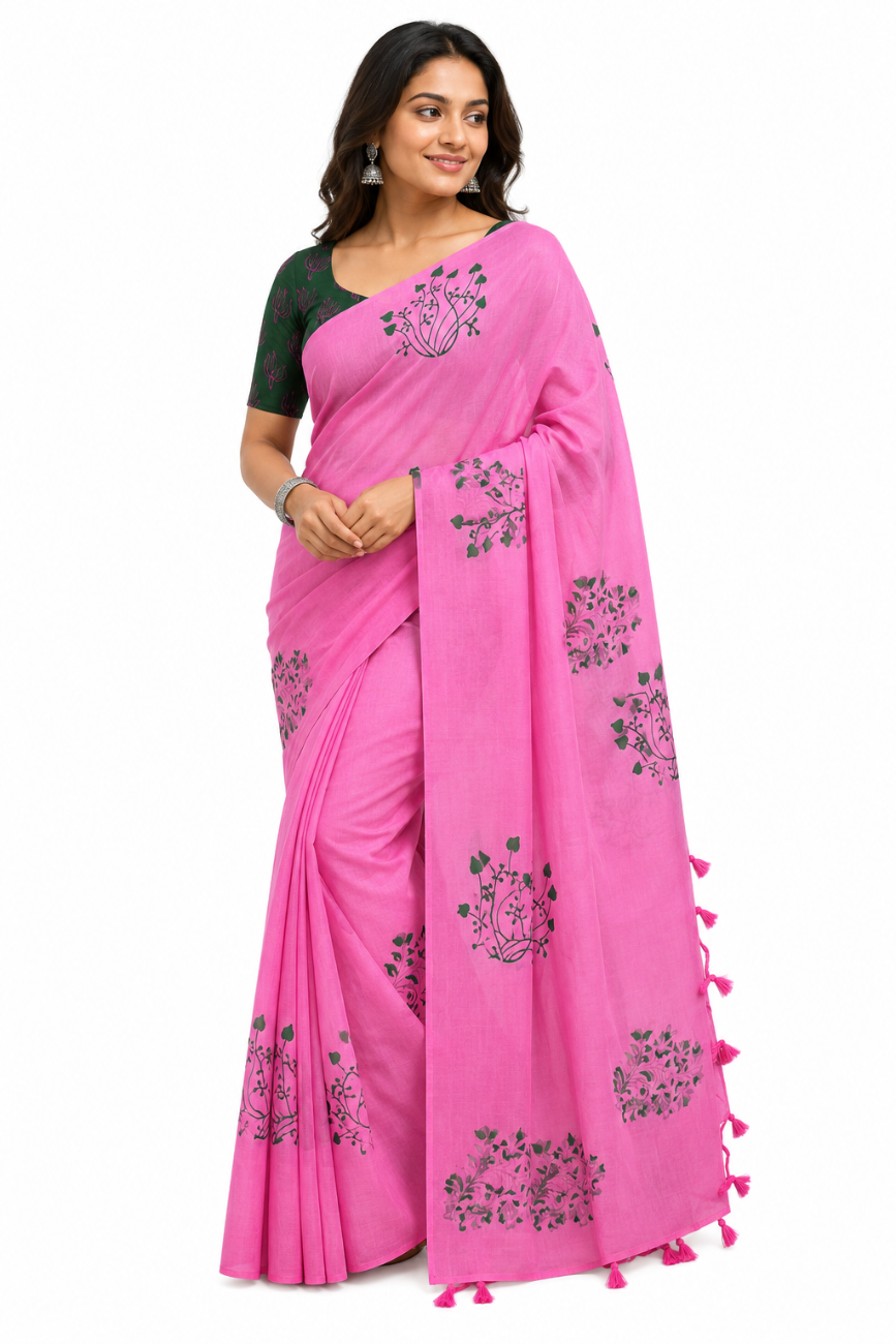 PINK WITH BOTTLE GREEN PRINTED SOUTH COTTON SAREE