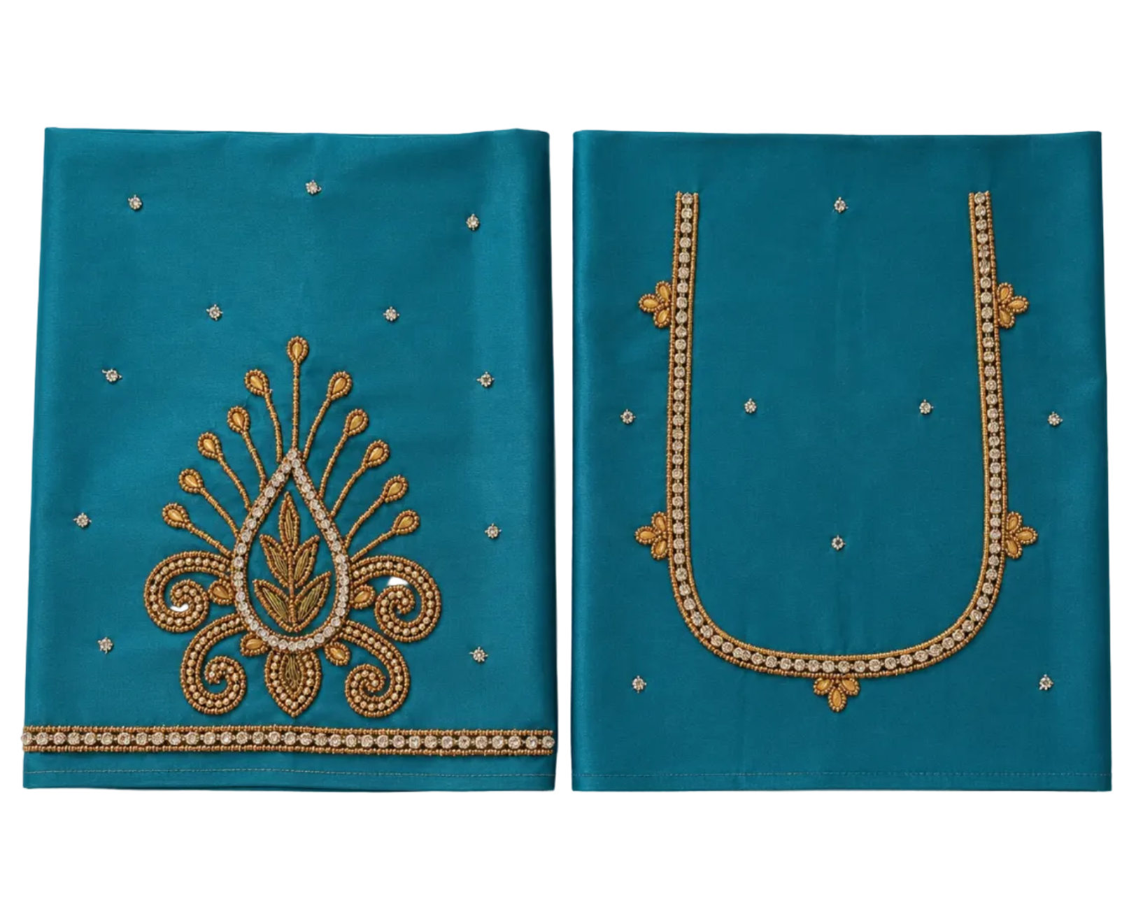 TEAL BLUE COLOR AARI WORK SILK COTTON BLOUSE PIECE