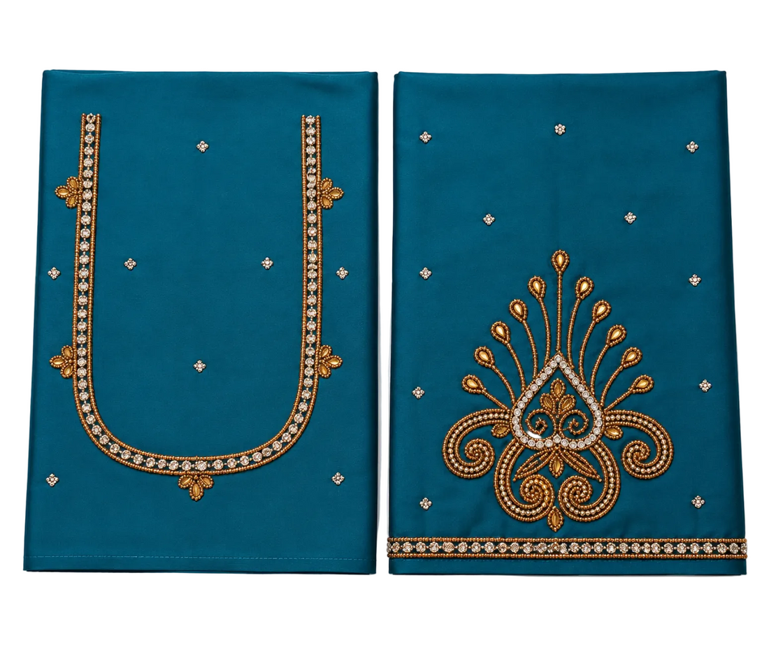 TEAL BLUE COLOR AARI WORK SILK COTTON BLOUSE PIECE