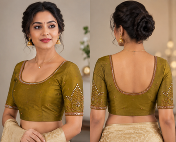 OLIVE GOLD COLOR AARI WORK TISSUE SILK BLOUSE PIECE