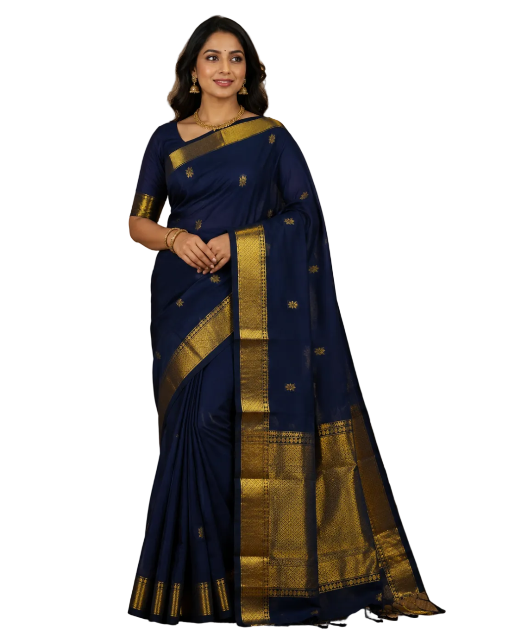 NAVY BLUE WOVEN BORDER MAHESHWARI COTTON SAREE