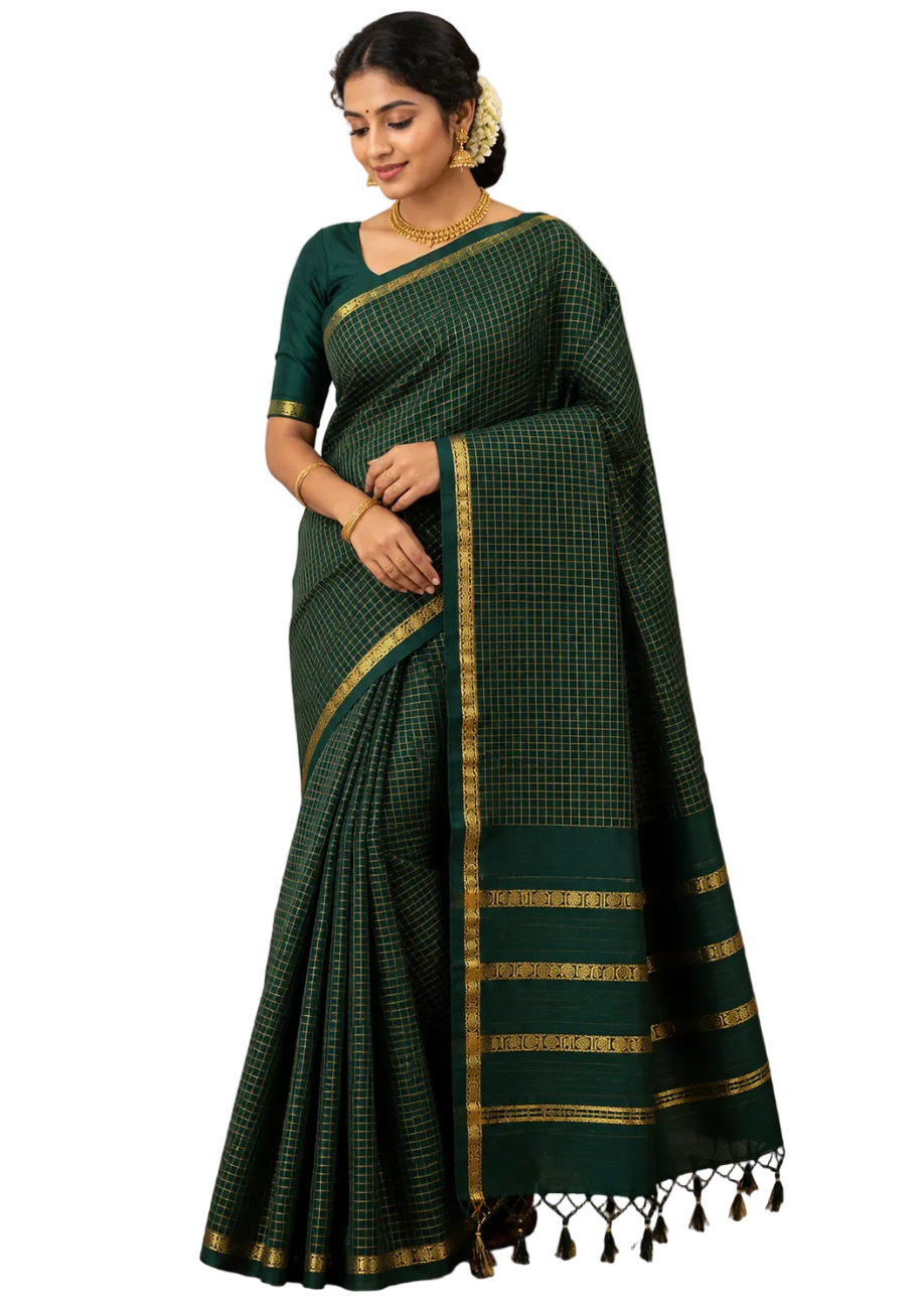 BOTTLE GREEN MUTHU KATTAM KALYANI COTTON SAREE