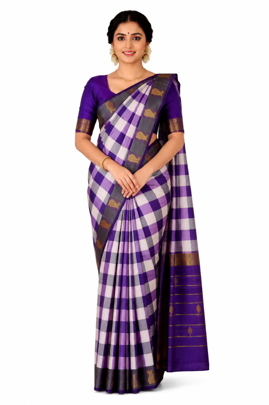VIOLET WITH WHITE COLOR AARANI CHECKED SILK SAREE