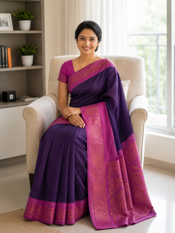 DEEP PURPLE WITH MAGENTA PINK MAYURI PURE COTTON SAREE