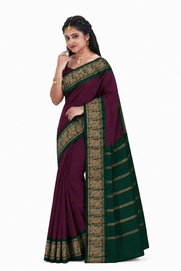 WINE PURPLE WITH BOTTLE GREEN SUNGUDI PURE COTTON SAREE