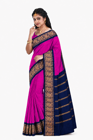 MAGENTA PINK WITH NAVY BLUE SUNGUDI PURE COTTON SAREE