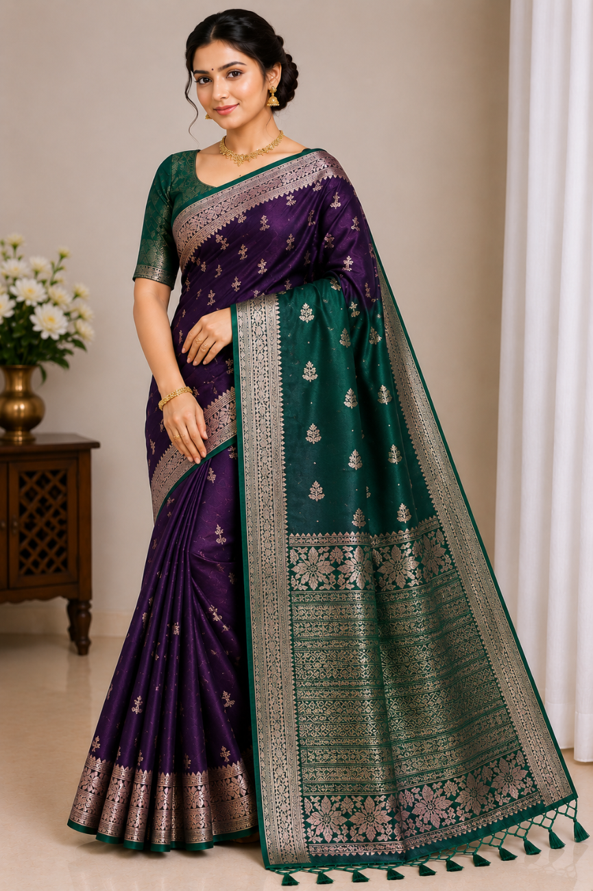 DEEP PURPLE WITH GREEN COLOR KANCHI SEMI SILK SAREE