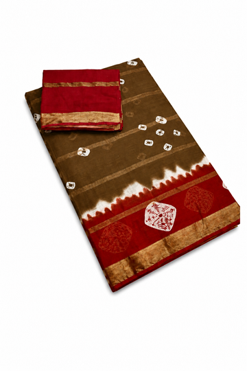 DARK OLIVE GREEN WITH RED COLOR 10 PATTI MIXED COTTON SAREE