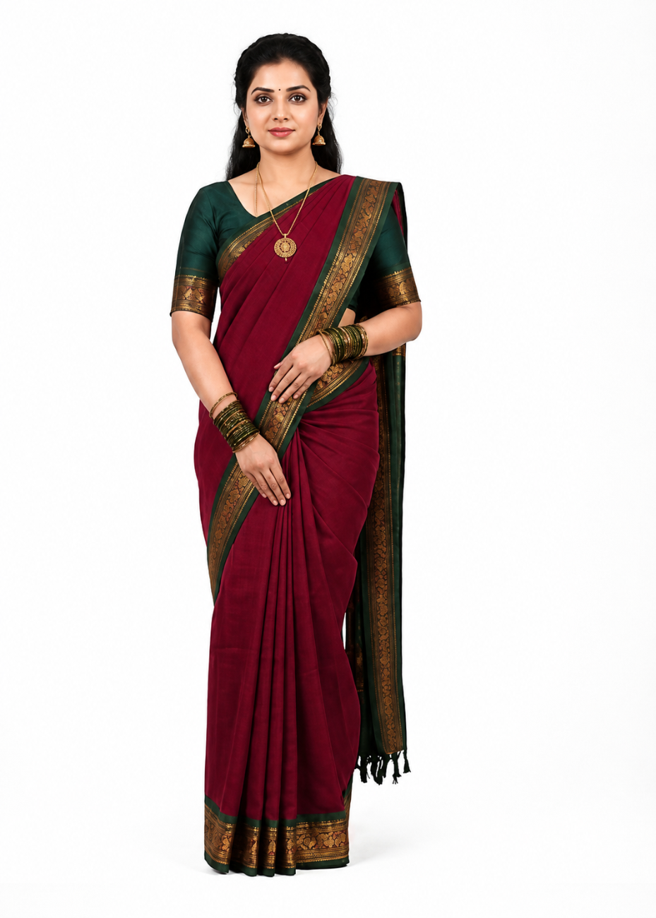 MAROON WITH BOTTLE GREEN COLOR KALYANI COTTON SAREE