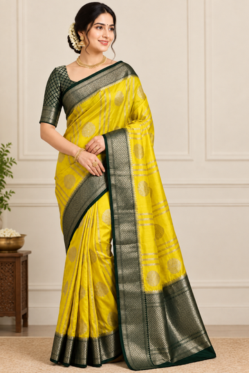 Yellow with dark green Banarasi soft dupion  silk saree