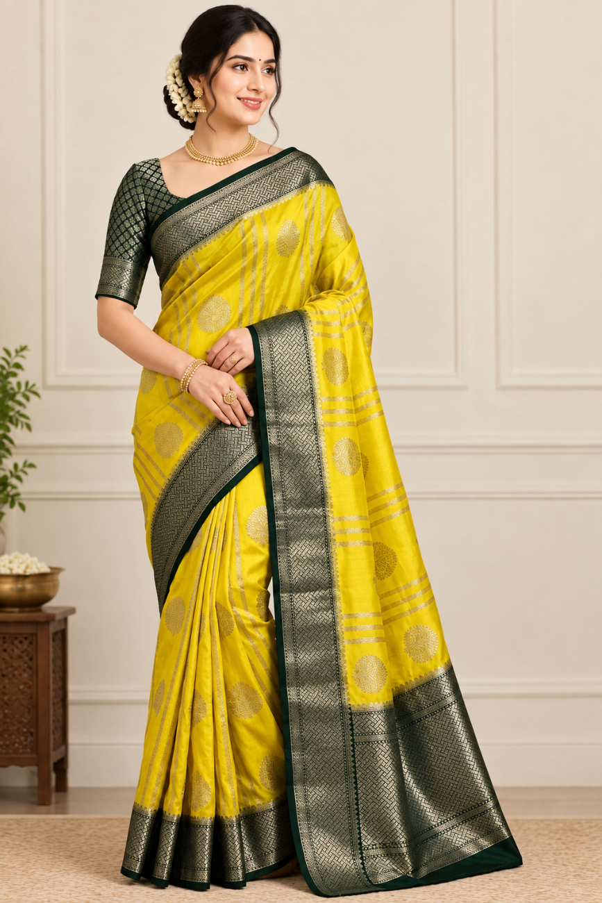 Yellow with dark green Banarasi soft dupion  silk saree