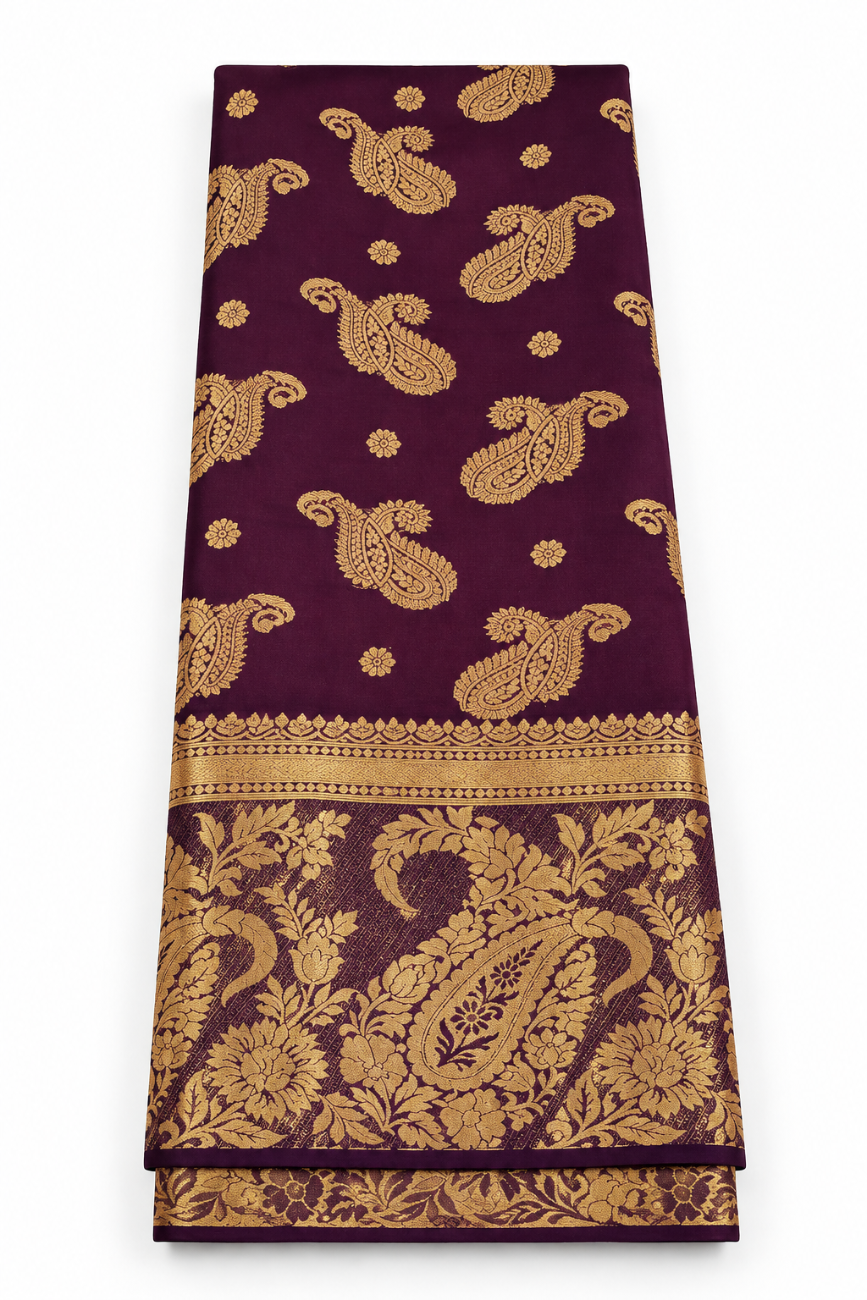 Rich coffee brown color with golden zari woven mysore silk saree