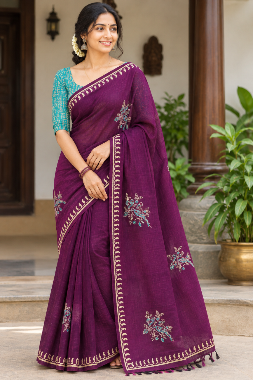 Deep Magenta with Sky Blue Mixed South cotton saree