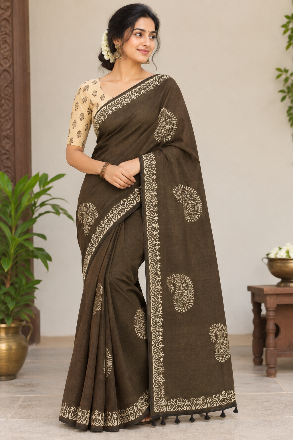 Dark Brown With Beige Color South Cotton Saree