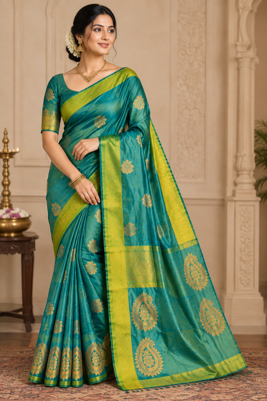Teal Green with Gold Woven Border Silk saree