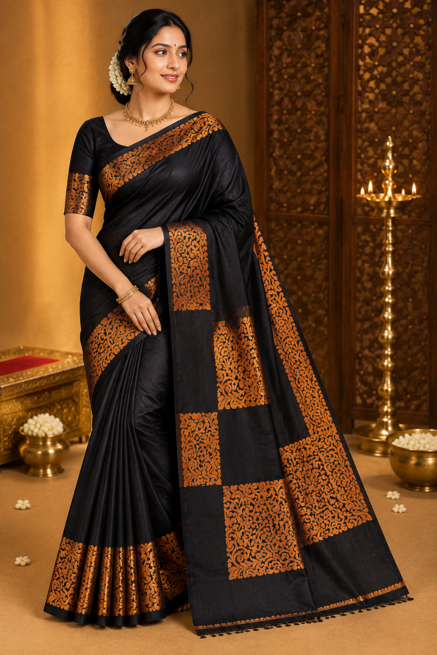 Black With Copper Gold Soft silk saree