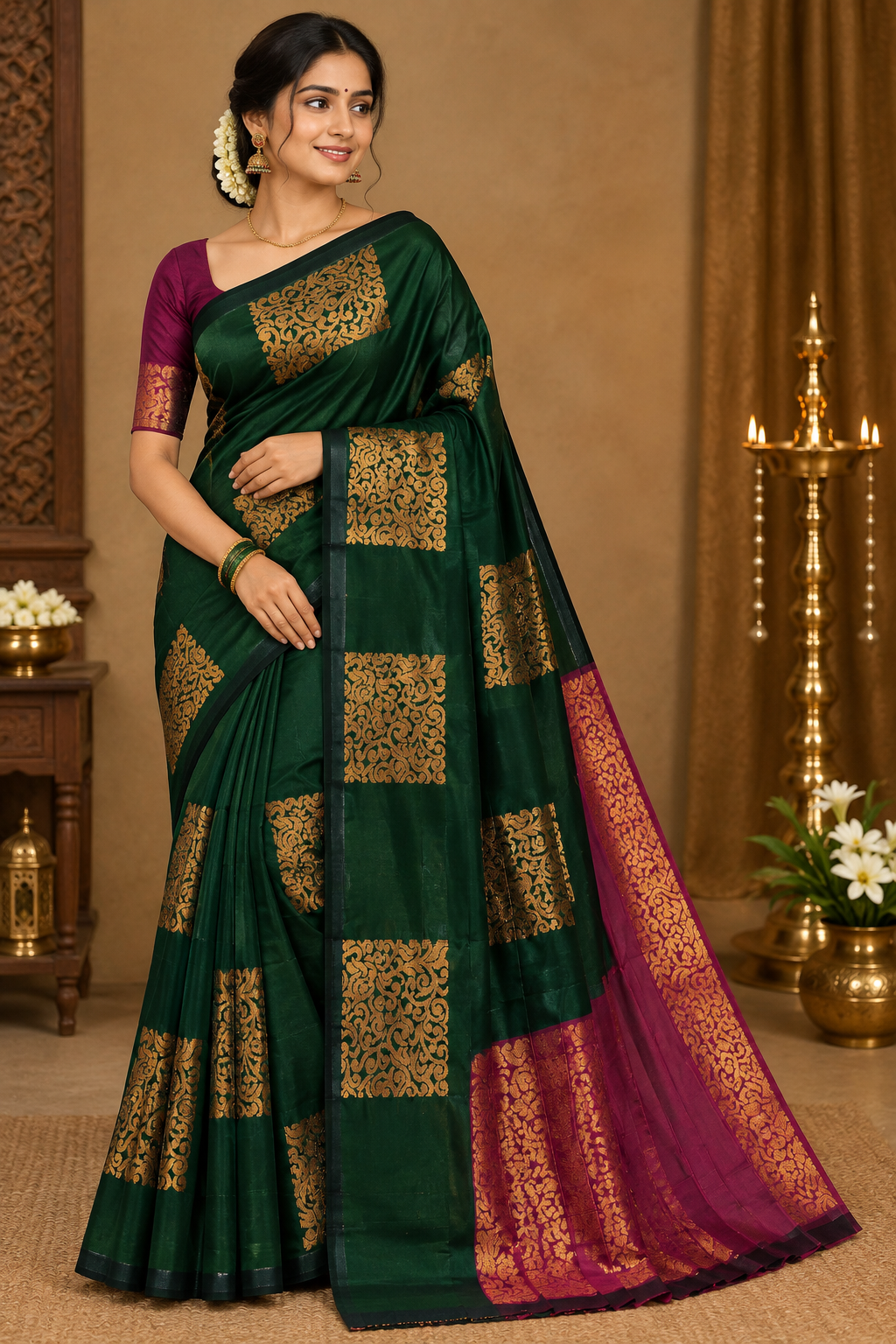 Deep Bottle Green and Magenta  with Gold zari soft silk saree