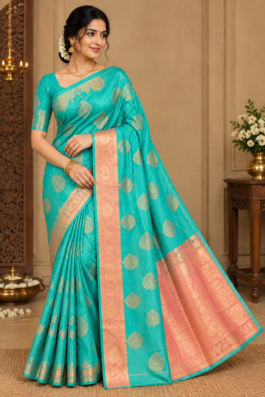 Blue and Peach Pink with Gold zari soft silk saree