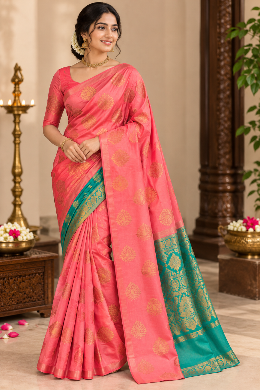 Coral Pink and Teal Blue with Gold  Zari Soft Silk saree