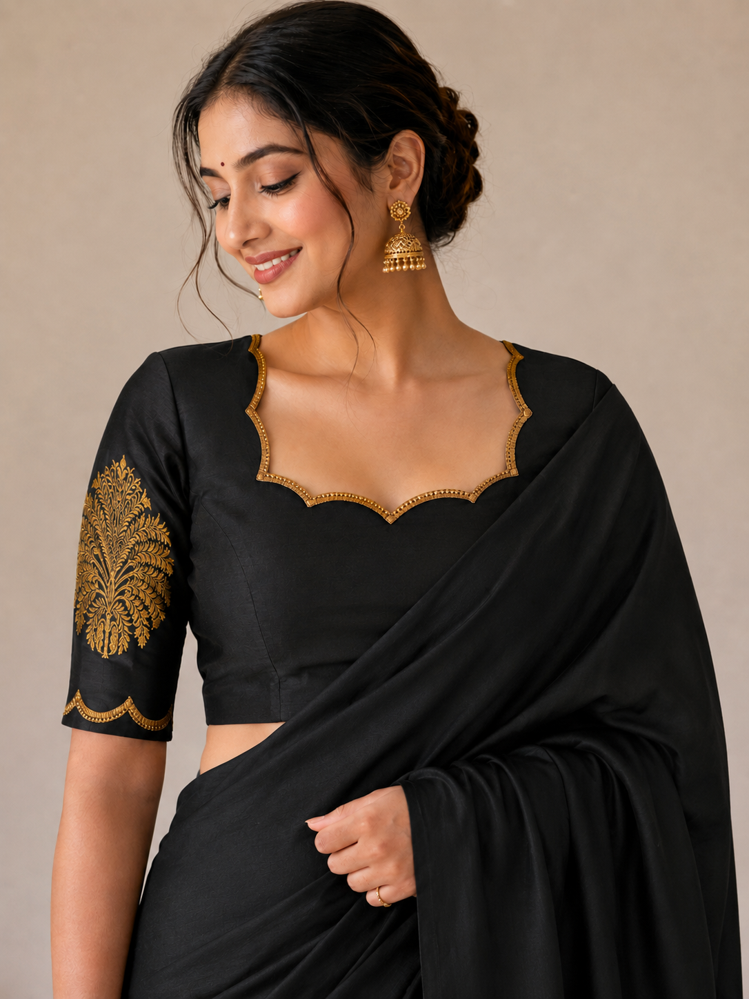 Black color embroidery work silk cotton blouse piece