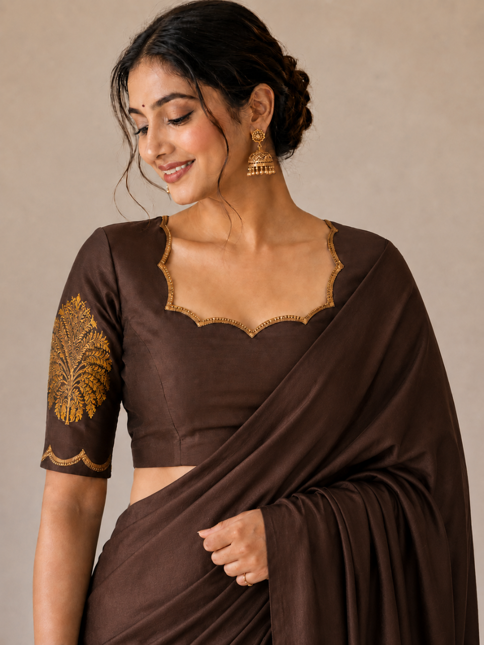 Coffee brown color embroidery silk cotton blouse piece