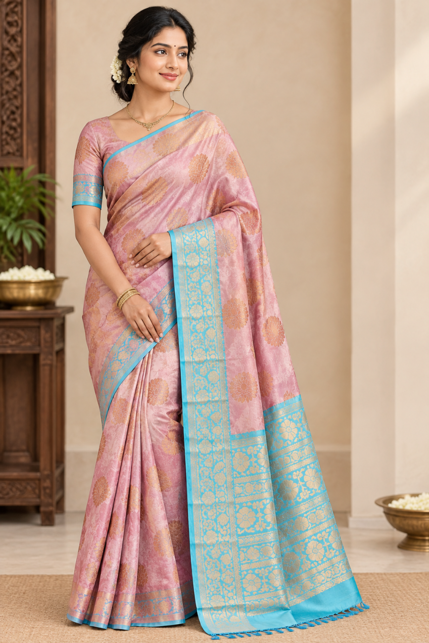 Pastel Pink with Sky Blue Zari Border Soft silk sree